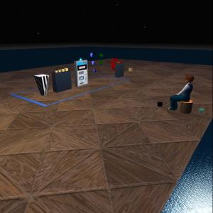 image showing animated virtual reality where a single character sits amid various objects including an ATM machine